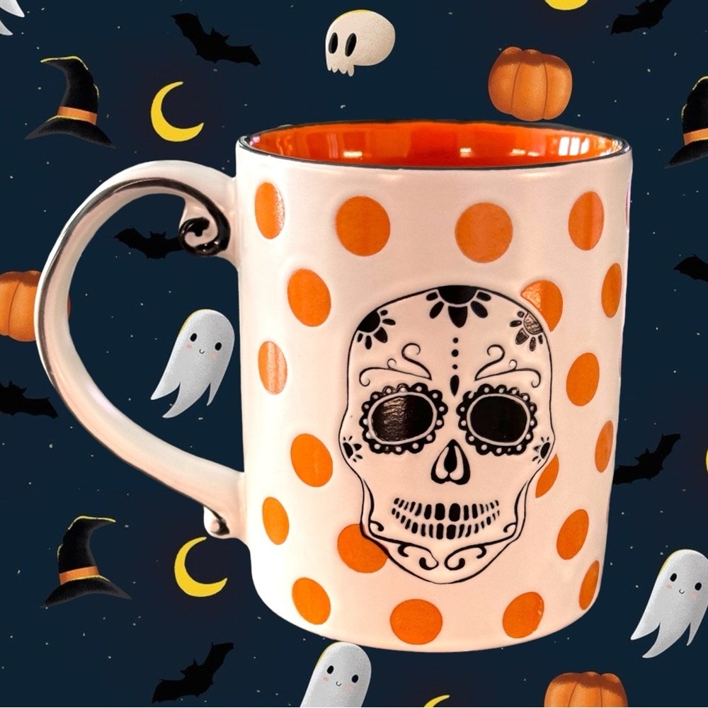 Halloween Coffee Mug Sugar Skull w/Orange Dots